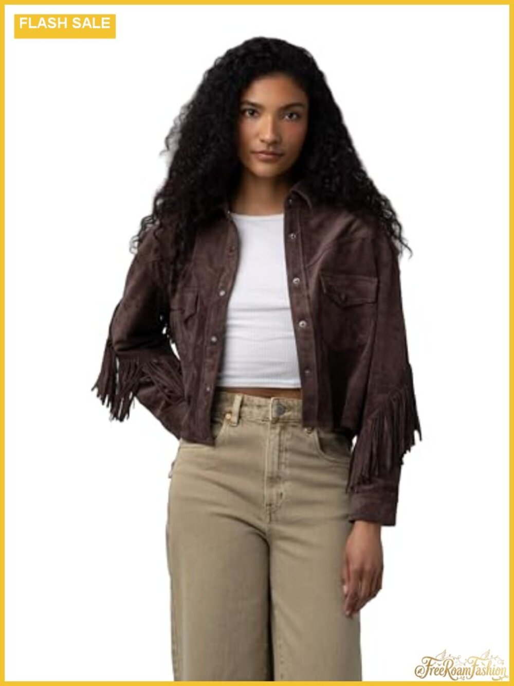 Women's Faux Suede Fringe Jacket Snap Front Long Sleeve Fall Layering Piece
